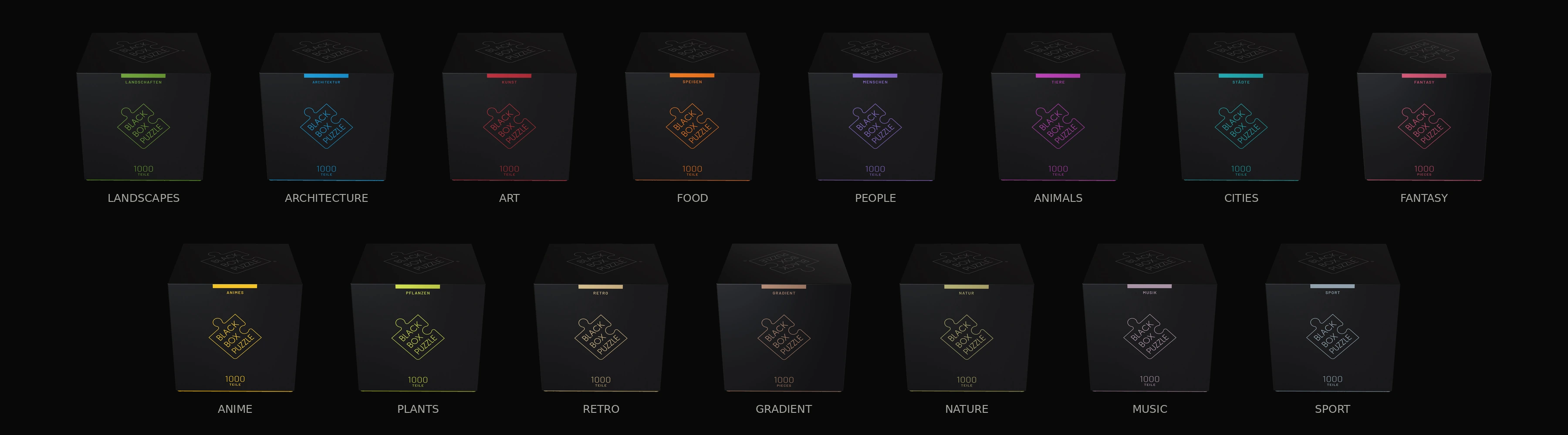 All 15 categories from Black Box Puzzle history, in a consistent frontal view